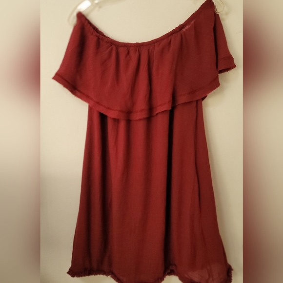Wishlist Deep Red Boho Off The Shoulder Frayed Hem Swing Mini Dress S/M. - Picture 4 of 15